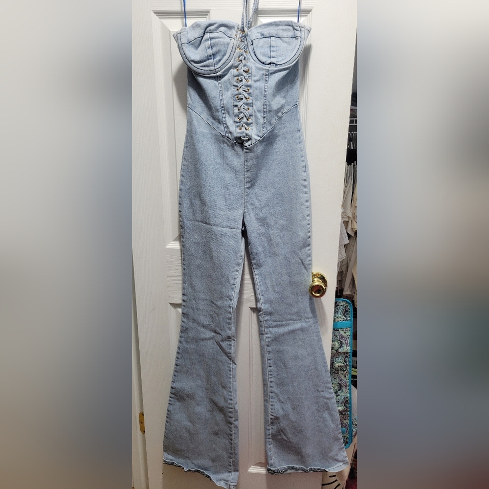 Fashion Nova Play It Your Way Denim Jumpsuit | Size Medium - Picture 2 of 6